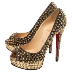 Christian Louboutin Gold Lurex Fabric Lady Peep Toe Spike Platform Pumps Size 36.5