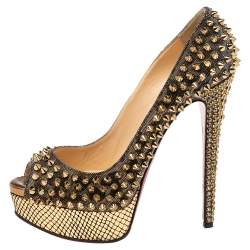 Christian Louboutin Gold Lurex Fabric Lady Peep Toe Spike Platform Pumps Size 36.5