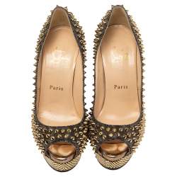 Christian Louboutin Gold Lurex Fabric Lady Peep Toe Spike Platform Pumps Size 36.5