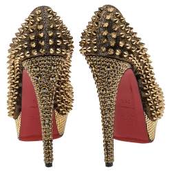 Christian Louboutin Gold Lurex Fabric Lady Peep Toe Spike Platform Pumps Size 36.5