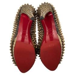 Christian Louboutin Gold Lurex Fabric Lady Peep Toe Spike Platform Pumps Size 36.5