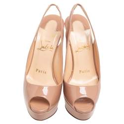 Pre Owned Christian Louboutin Beige Patent Leather Lady Peep Toe Slingback Platform Sandals Size 34