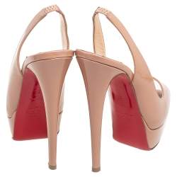 Pre Owned Christian Louboutin Beige Patent Leather Lady Peep Toe Slingback Platform Sandals Size 34
