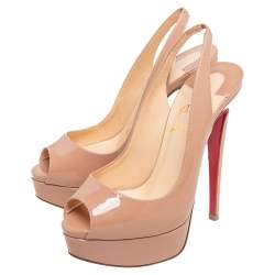 Pre Owned Christian Louboutin Beige Patent Leather Lady Peep Toe Slingback Platform Sandals Size 34