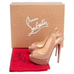Pre Owned Christian Louboutin Beige Patent Leather Lady Peep Toe Slingback Platform Sandals Size 34