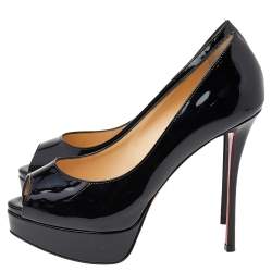 Pre Owned Christian Louboutin Black Patent Leather Fetish Peep Toe Platform Pumps Size 37.5