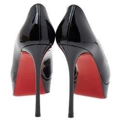 Pre Owned Christian Louboutin Black Patent Leather Fetish Peep Toe Platform Pumps Size 37.5