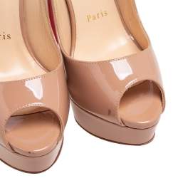 Christian Louboutin Beige Patent Leather Lady Peep Toe Platform Slingback Sandals Size 37