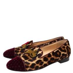 Christian Louboutin Brown Tiger Print Pony Hair And  Canvas Rollerboy  Loafers Size 38.5