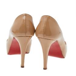Pre Owned Christian Louboutin Beige Patent Leather Peep Toe Platform Pumps Size 37