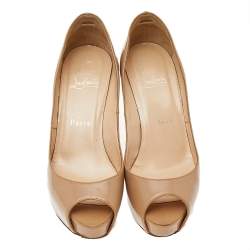 Pre Owned Christian Louboutin Beige Patent Leather Peep Toe Platform Pumps Size 37
