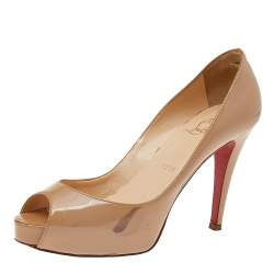 Pre Owned Christian Louboutin Beige Patent Leather Peep Toe Platform Pumps Size 37