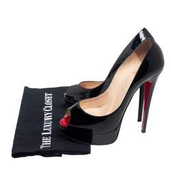 Pre Owned Christian Louboutin Black Patent Leather Lady Peep Toe Pumps Size 38