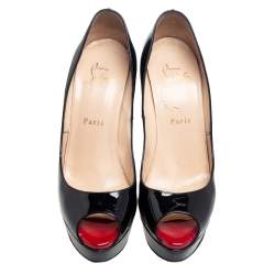 Pre Owned Christian Louboutin Black Patent Leather Lady Peep Toe Pumps Size 38