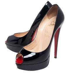 Pre Owned Christian Louboutin Black Patent Leather Lady Peep Toe Pumps Size 38