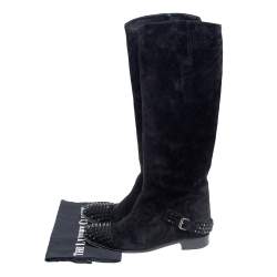 Pre Owned Christian Louboutin Black Suede Spike Cap Toe Egoutina Knee Boots Size 39