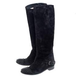 Pre Owned Christian Louboutin Black Suede Spike Cap Toe Egoutina Knee Boots Size 39