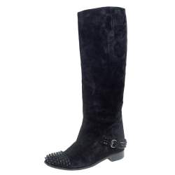 Pre Owned Christian Louboutin Black Suede Spike Cap Toe Egoutina Knee Boots Size 39