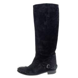 Pre Owned Christian Louboutin Black Suede Spike Cap Toe Egoutina Knee Boots Size 39