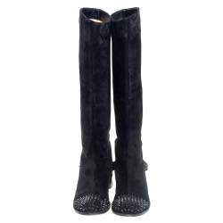 Pre Owned Christian Louboutin Black Suede Spike Cap Toe Egoutina Knee Boots Size 39