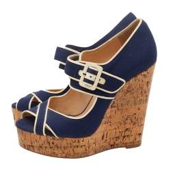 Pre Owned Christian Louboutin Blue Canvas Coated Cork Melides Wedge Peep Toe Pumps Size 38