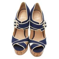 Pre Owned Christian Louboutin Blue Canvas Coated Cork Melides Wedge Peep Toe Pumps Size 38