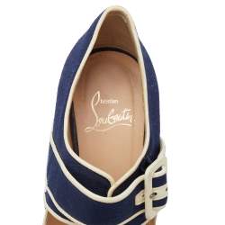 Pre Owned Christian Louboutin Blue Canvas Coated Cork Melides Wedge Peep Toe Pumps Size 38
