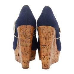Pre Owned Christian Louboutin Blue Canvas Coated Cork Melides Wedge Peep Toe Pumps Size 38