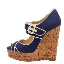 Pre Owned Christian Louboutin Blue Canvas Coated Cork Melides Wedge Peep Toe Pumps Size 38