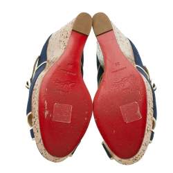Pre Owned Christian Louboutin Blue Canvas Coated Cork Melides Wedge Peep Toe Pumps Size 38