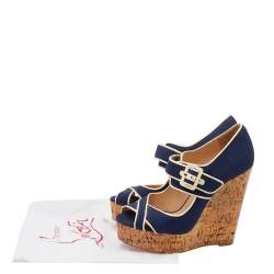 Pre Owned Christian Louboutin Blue Canvas Coated Cork Melides Wedge Peep Toe Pumps Size 38