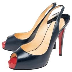 Christian Louboutin Navy Blue Leather Private Number Platform Slingback Sandals Size 38