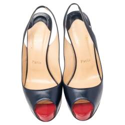 Christian Louboutin Navy Blue Leather Private Number Platform Slingback Sandals Size 38