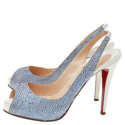 Christian Louboutin White/Blue Striped Fabric Prive Peep Toe Slingback Sandals Size 38