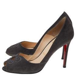 Pre Owned Christian Louboutin Dark Grey Suede Peep Toe Pumps Size 38