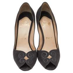 Pre Owned Christian Louboutin Dark Grey Suede Peep Toe Pumps Size 38