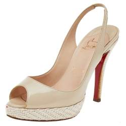 Christian Louboutin Beige Patent Leather Peep Toe Slingback Sandals Size 38