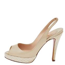 Christian Louboutin Beige Patent Leather Peep Toe Slingback Sandals Size 38