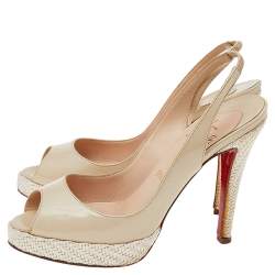 Christian Louboutin Beige Patent Leather Peep Toe Slingback Sandals Size 38