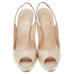 Christian Louboutin Beige Patent Leather Peep Toe Slingback Sandals Size 38
