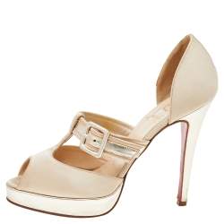 Pre Owned Christian Louboutin Beige-Gold Satin And Leather Peep Toe Platform Pumps Size 37.5