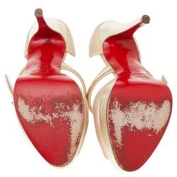 Pre Owned Christian Louboutin Beige-Gold Satin And Leather Peep Toe Platform Pumps Size 37.5