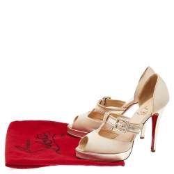 Pre Owned Christian Louboutin Beige-Gold Satin And Leather Peep Toe Platform Pumps Size 37.5