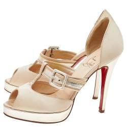 Pre Owned Christian Louboutin Beige-Gold Satin And Leather Peep Toe Platform Pumps Size 37.5