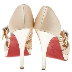 Pre Owned Christian Louboutin Beige-Gold Satin And Leather Peep Toe Platform Pumps Size 37.5
