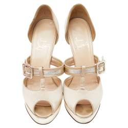 Pre Owned Christian Louboutin Beige-Gold Satin And Leather Peep Toe Platform Pumps Size 37.5