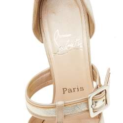 Pre Owned Christian Louboutin Beige-Gold Satin And Leather Peep Toe Platform Pumps Size 37.5