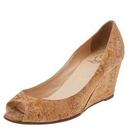 Pre Owned Christian Louboutin Beige Cork Materna Zeppa Wedge Peep Toe Pumps Size 37.5