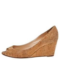 Pre Owned Christian Louboutin Beige Cork Materna Zeppa Wedge Peep Toe Pumps Size 37.5