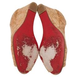 Pre Owned Christian Louboutin Beige Cork Materna Zeppa Wedge Peep Toe Pumps Size 37.5